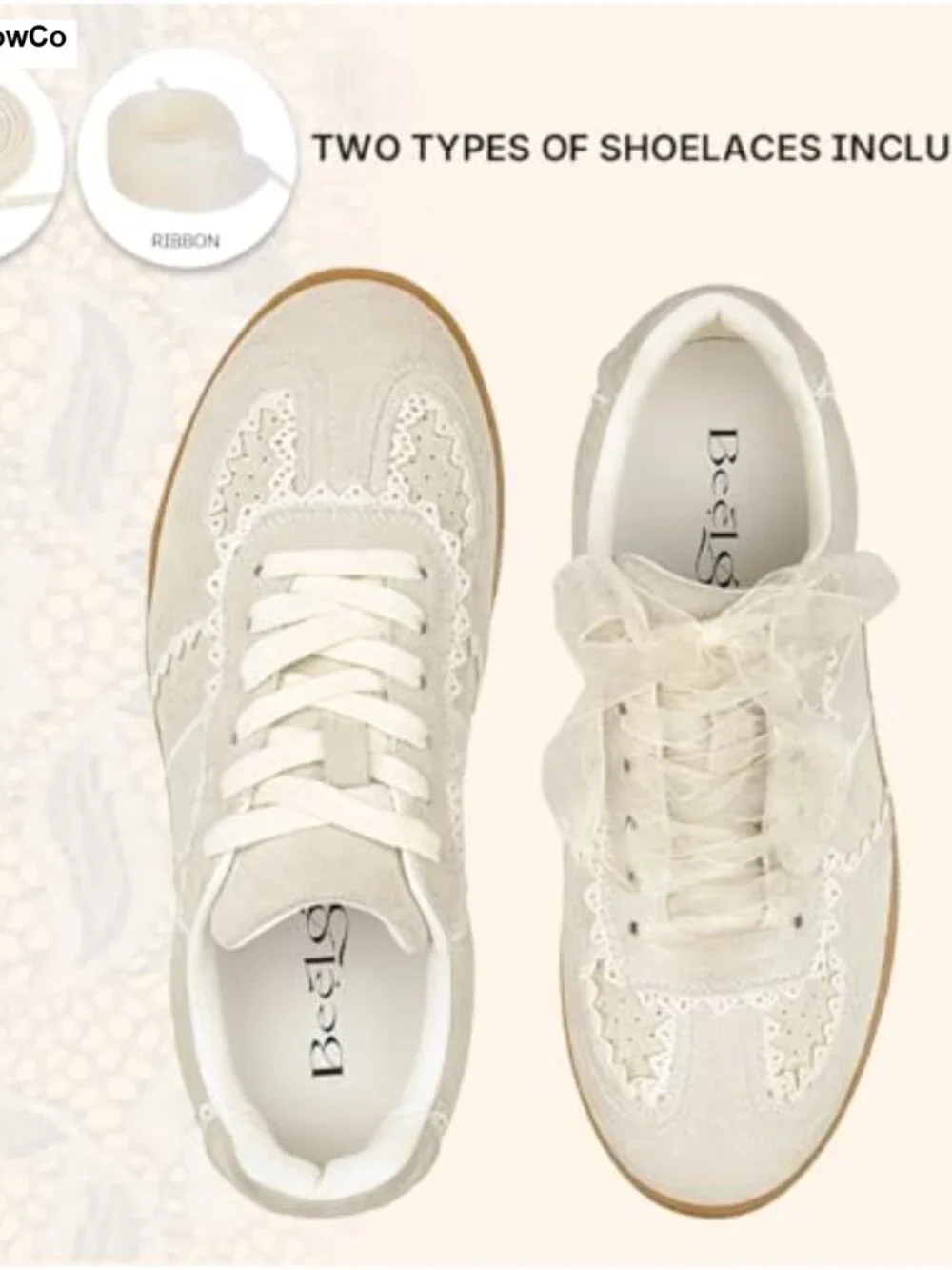Women's Fashion Sneakers with Lace Detail, Ribbon Lace-Up, Memory Foam Insole,